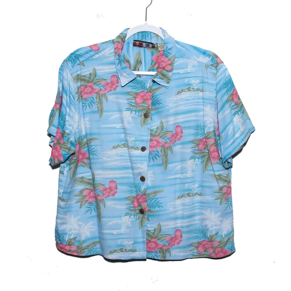 Vintage Palm Grove Blue Tropical HibiscusButton Down Shirt PL
